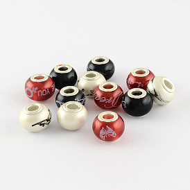 Rondelle Spray Painted Glass European Large Hole Beads, with Pattern Printed and Double Silver Color Plated Brass Cores, 11.5x14mm, Hole: 5mm