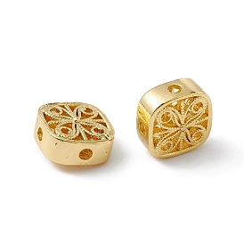 Brass Beads, Long-Lasting Plated, Square with Flower