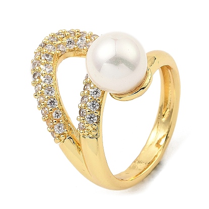 Cubic Zirconia Hollow Teardrop Open Cuff Ring with Plastic Imitation Pearl Beaded, Rack Plating Brass Ring, Cadmium Free & Lead Free