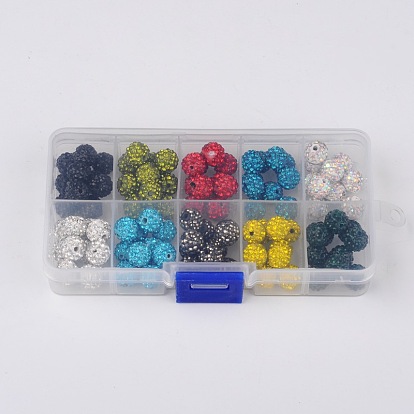 Round Polymer Clay Rhinestone Beads, 10mm, Hole: 2mm, about 10pcs/compartment, 10color/box