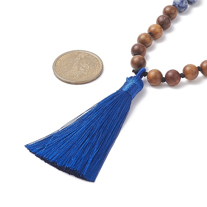 Collier bouddhiste en jaspe bleu naturel et bois, collier lariat pompon en polyester pour femme