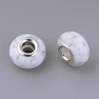 Resin European Beads, Large Hole Beads, with Platinum Tone Brass Double Cores, Rondelle
