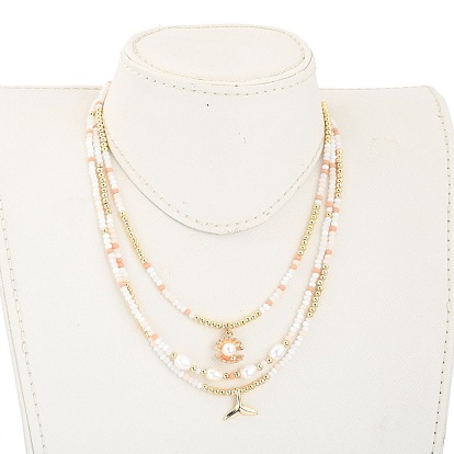 Beaded Necklaces & Pendant Necklace Sets, with Brass Beads & Whale Tail Pendants, Natural Pearl Beads, Glass Beads, Shell Shape Alloy Charms and 304 Stainless Steel Lobster Claw Clasps, Light Salmon