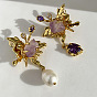 Rhinestone Butterfly with Teardrop Dangle Stud Earrings, Natural Amethyst & Pearl Asymmetrical Earrings for Women
