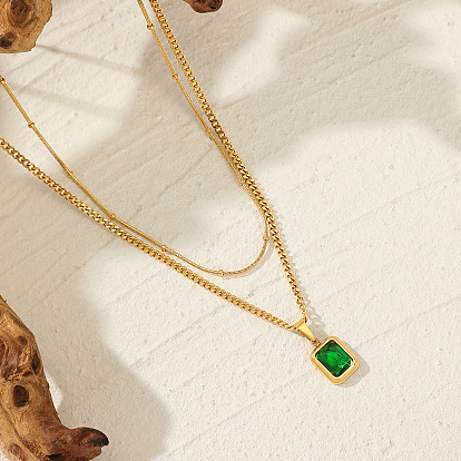 Stylish 14K Gold Double Layered Green Sapphire Necklace for Women with Stainless Steel Clavicle Chain