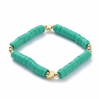 Bracelets élastiques faits à la main de perles heishi en pâte polymère, avec des perles en laiton plaqué or, lune et étoiles
