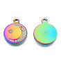 304 Stainless Steel Pendants, with Rhinestone, Flat Round with Moon & Star
