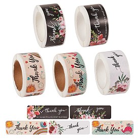 5Rolls Paper Gift Tag Stickers, Rectangle with Word Thank You Adhesive Labels Roll Stickers, for Party, Decorative Presents