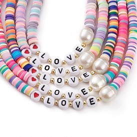 Colliers de perles heishi en pâte polymère arc-en-ciel de la saint valentin, avec des perles acryliques, Perles de rocaille en verre et en alliage homard fermoirs griffe, mot d'amour, platine