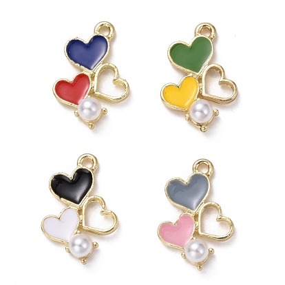 Alloy Pendants, with Enamel and Plastic Imitation Pearl, Heart, Light Gold