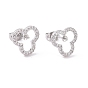 Brass Micro Pave Clear Cubic Zirconia Stud Earring Findings, with Ear Nuts, for Half Drilled Beads, Clover, Cadmium Free & Lead Free