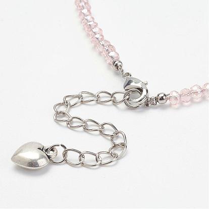 Faceted Glass Bead Anklets, with Brass Clasps, Alloy Pendants and Iron Extend Chain, Platinum