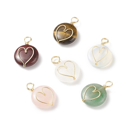 Natural & Synthetic Gemstone Pendants, with Real 18K Gold Plated Eco-Friendly Copper Wire Wrapped, Flat Round with Heart Charm
