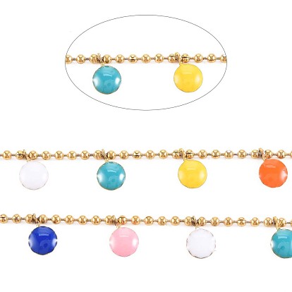 304 Stainless Steel Ball Chains, with Flat Round Enamel Charm, Real 18K Gold Plated