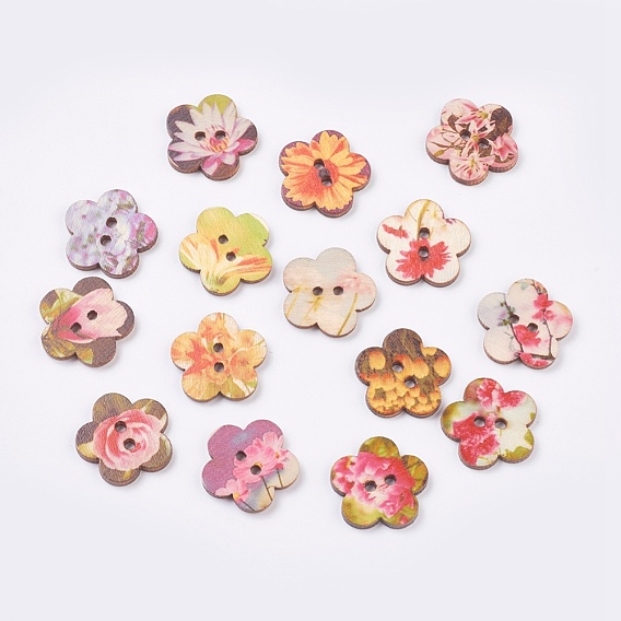 Printed Wooden Buttons, 2-Hole, Dyed, Flower