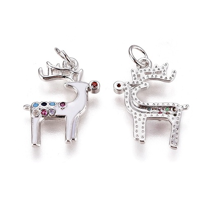 Micro latón allanan colgantes cúbicos del zirconia, con esmalte y anillo de salto, reno de navidad / ciervo, blanco