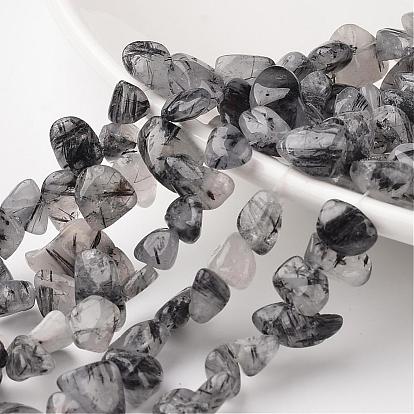 Самородки натуральный черный Rutilated кварцевые нити бисера, упавший камень, 12~16x8~13x6~8 мм, отверстие : 1 мм, около 53 шт / нитка, 15.3 дюйм