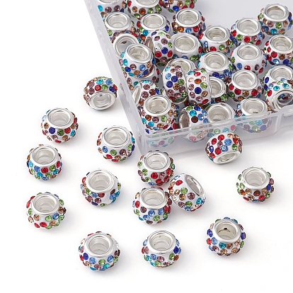 50Pcs Polymer Clay Rhinestone European Large Hole Beads, with Silver Color Plated Brass Cores, Rondelle