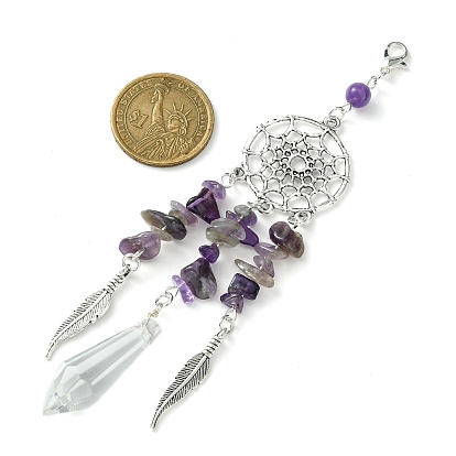 Alloy Woven Web/Net with Feather Pendant Decorations, Natural Mixed Stone Chip and Glass Tassel for Home Decorations
