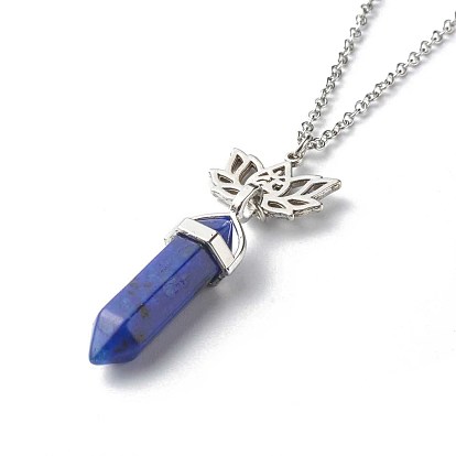 Bullet Natural Mixed Stone Pendant Necklaces, with 304 Stainless Steel Lotus Link and Chains