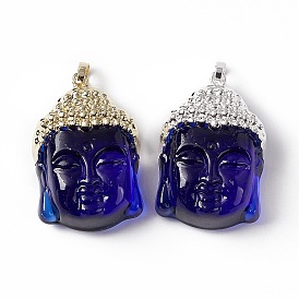 Medium Blue Glass Pendants, with Rack Plating Brass Findings, Buddha Head