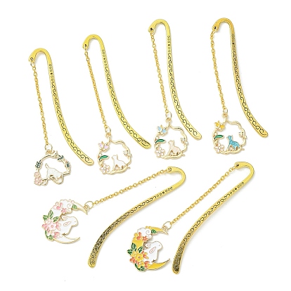 Chinese Style Rabbit & Cat & Moon Alloy Enamel Pendant Bookmarks, Hook Bookmark with Long Chain