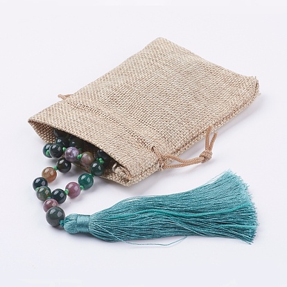 Collares pendientes de la borla de nylon, con cuentas de piedras preciosas naturales, y cuentas de madera, con bolsas de lazo de arpillera bolsas de cordón