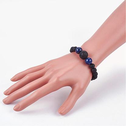 Bracelets élastiques de pierres précieuses naturelles, avec des perles de pierre de lave naturelle, ronde