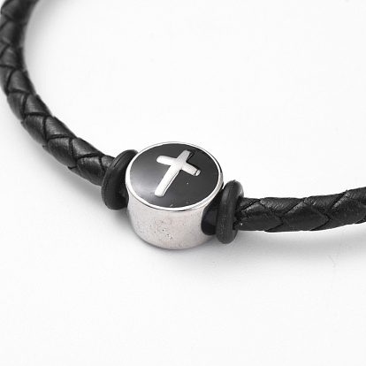 Unisex Leather Cord Bracelets, with Enamel, 304 Stainless Steel Magnetic Clasps and Beads, Flat Round with Cross