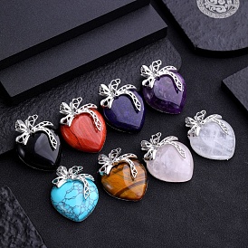 Gemstone Pendants, Heart Charms with Platinum Plated Metal Bowknot
