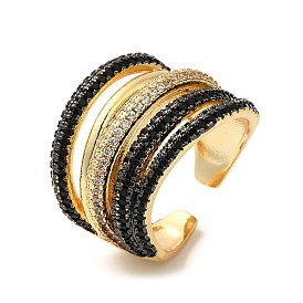 Rack Plating Brass Multi Line Open Cuff Ring, with Cubic Zirconia, Cadmium Free & Lead Free