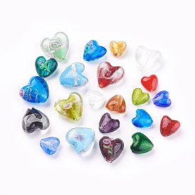 Perles en verre de feuille d'argent faites à la main , cœur, mixedstyle, 12~20x12~21x8~13.5mm, Trou: 1.5~2mm