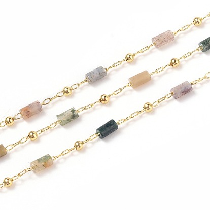 Natural Agate Handmade Beaded Chains, with Brass Eye Pins, Real 18K Gold Plated, Soldered, Column, with Spool
