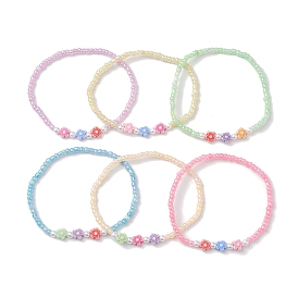6Pcs 6 Colors Flower Acrylic Stretch Bracelets, Glass Seed Beaded Stretch Bracelets for Women