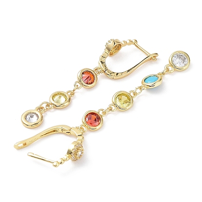 Colorful Cubic Zirconia Tassel Asymmetrical Earrings, Rack Plating Brass Flat Round Dangle Stud Earrings, Cadmium Free & Lead Free