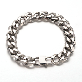 201 Stainless Steel Curb Chains Bracelets, with Lobster Claw Clasps, Faceted, 215mm