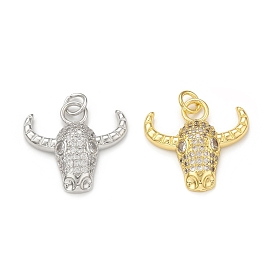 Rack Plating Brass Micro Pave Cubic Zirconia Pendants, with Jump Ring, Cadmium Free & Lead Free, Long-Lasting Plated, Cattle Head Charm