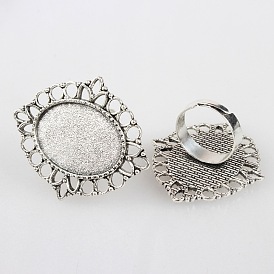 Vintage Adjustable Iron Flower Finger Ring Components Alloy Cabochon Bezel Settings, Cadmium Free & Lead Free, Oval Tray: 18x25mm, 17mm