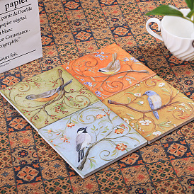 Porcelain Cup Mats, Coasters, with Anti-slip Cork Bottom, Water Absorption Heat Insulation, Square with Bird Pattern