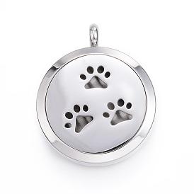 Ion Plating(IP) 316 Surgical Stainless Steel Diffuser Locket Pendants, with Perfume Pad and Magnetic Clasps, Flat Round with Paw Print