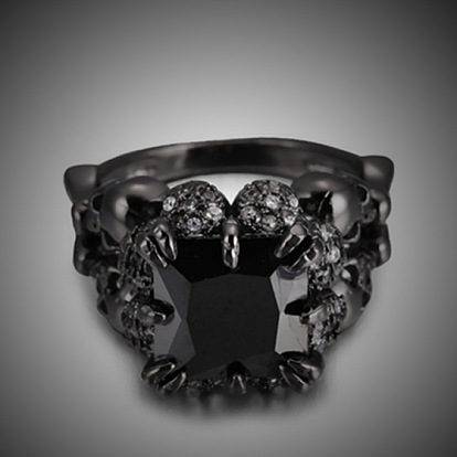 Anillo de dedo de diamantes de imitación rectángulo, anillo gótico de calavera de aleación para mujer