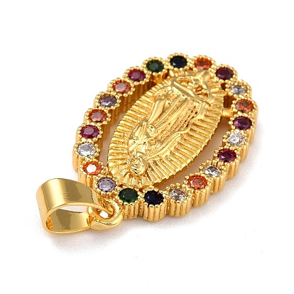 Brass Micro Pave Colorful Cubic Zirconia Pendants, Lady of Guadalupe Charms, Oval with Virgin Mary