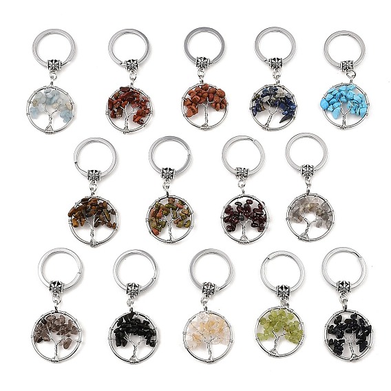 Porte-clés rond plat en pierre précieuse avec pendentif arbre de vie, avec des porte-clés en fer et des pièces en laiton