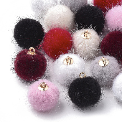 Faux Mink Fur Covered Pendants, with Brass Findings, Round