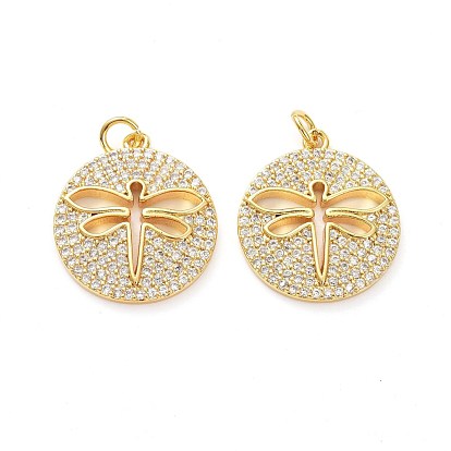 Brass Micro Pave Clear Cubic Zirconia Pendants, with Jump Ring, Long-Lasting Plated, Flat Round with Dragonfly