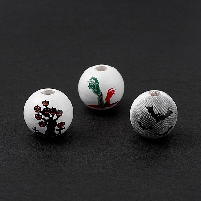 Halloween Printed Natural Wood European Beads, Large Hole Bead, Round