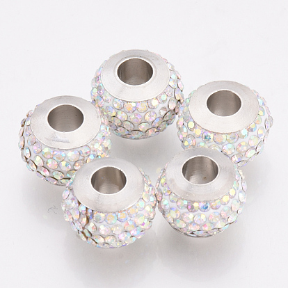 Polymer Clay Rhinestones European Beads, Large Hole Beads, with Platinum Tone Brass Single Cores, Rondelle