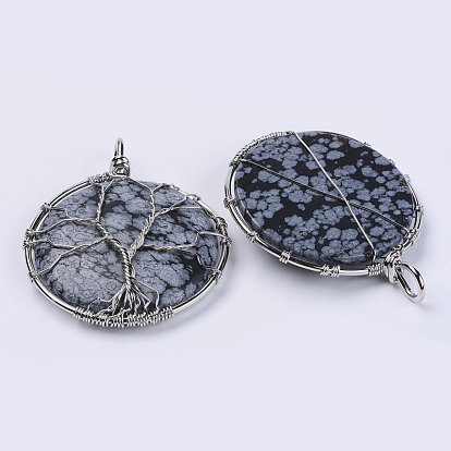 Gemstone grands pendentifs, pendentifs enroulés de fil, avec les accessoires en laiton, plat et circulaire avec arbre de vie