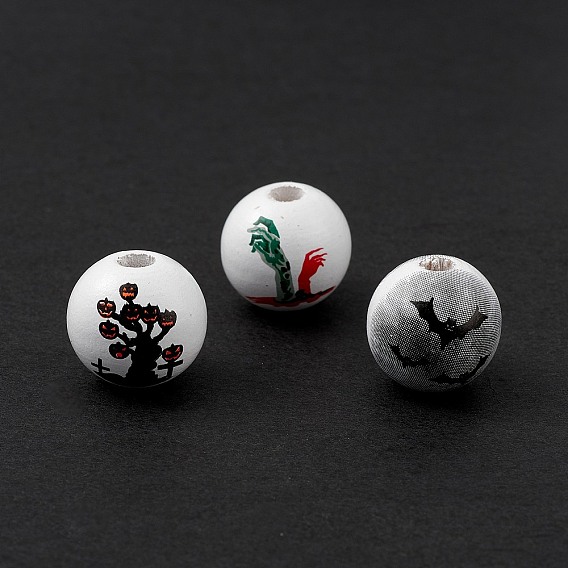 Perles européennes en bois naturel imprimé halloween, perle avec trou grande, ronde