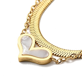 Collier double couche avec pendentifs en forme de cœur en coquillage blanc synthétique, placage ionique (ip) 304 bijoux en acier inoxydable pour femmes